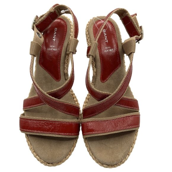 Gant Womens 8 Red Leather Espadrille Wedge Sandals Strappy Slingback Coachella - Picture 2 of 11